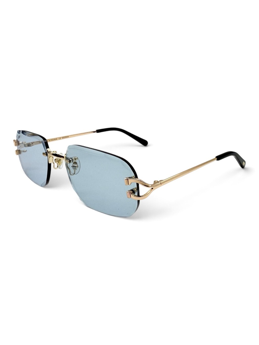 Cartier Men's Rimless Light Blue Lens Sunglasses with Gold Temples